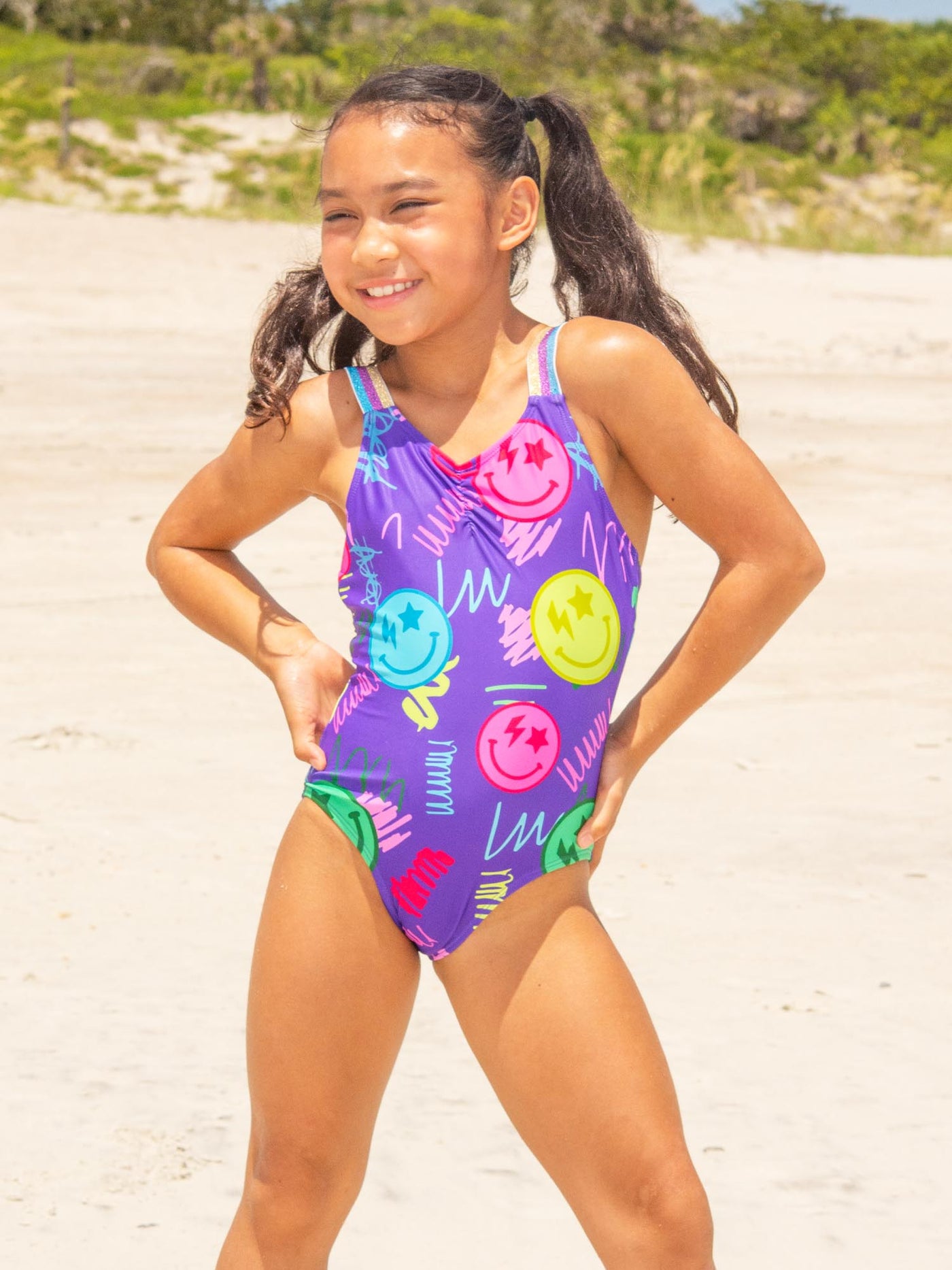 One Piece Printed Swimsuit with Elastic Band Strip