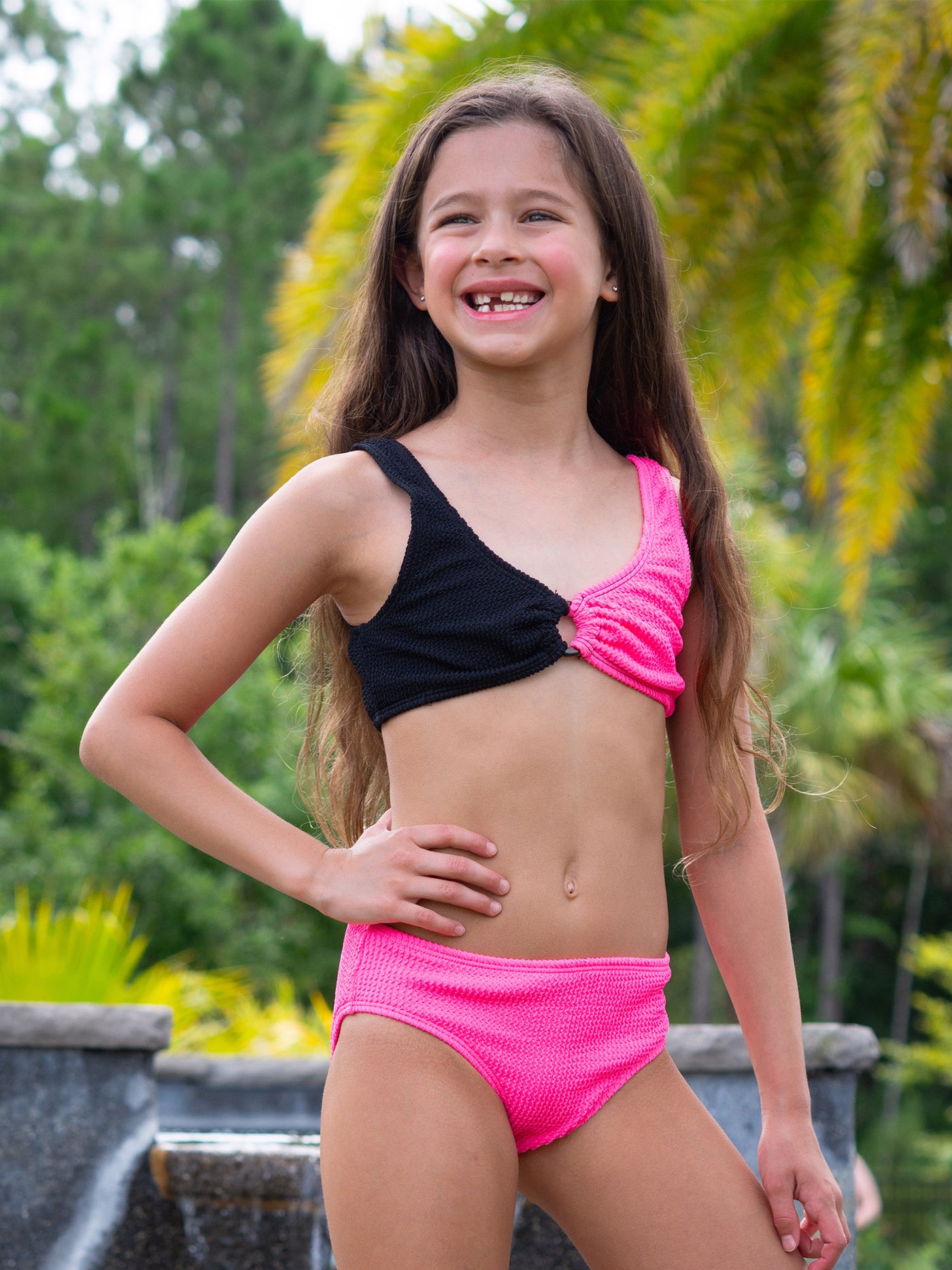 Crinkle texture fabric tween bikini set with hoop detailing