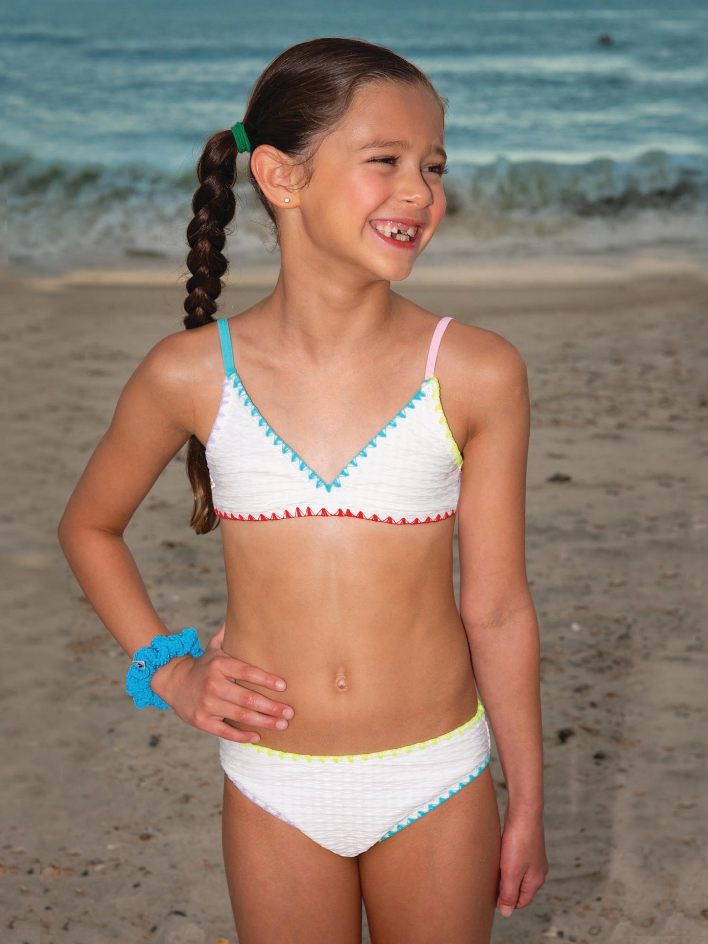 Textured Fabric Two Piece Bikini Set, with Embroidered Trim