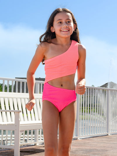 Asymmetrical Tween One Piece Swimsuit with Crinkle Texture Fabric